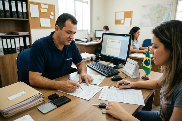 Despachante orientando cliente sobre transferência de veículo em Passos, MG
